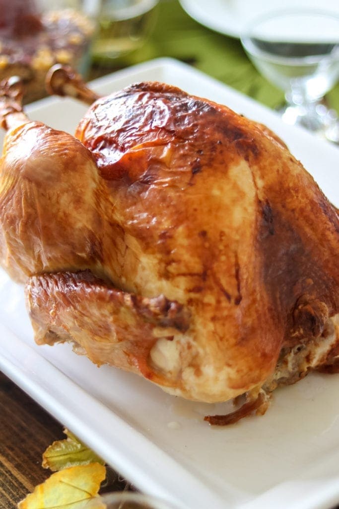 Moist Brined Roasted Turkey on white platter. 