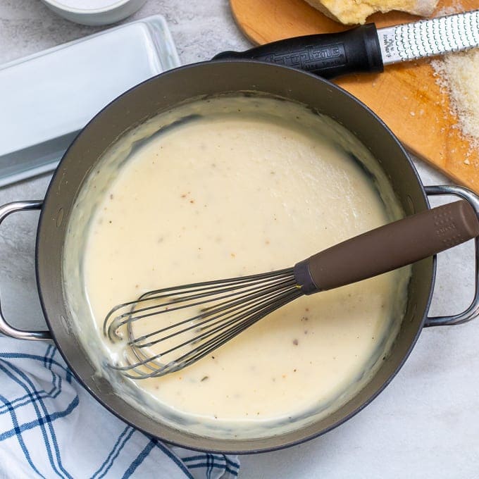 Stock pan of cream sauce for Creamy Chicken Casserole.