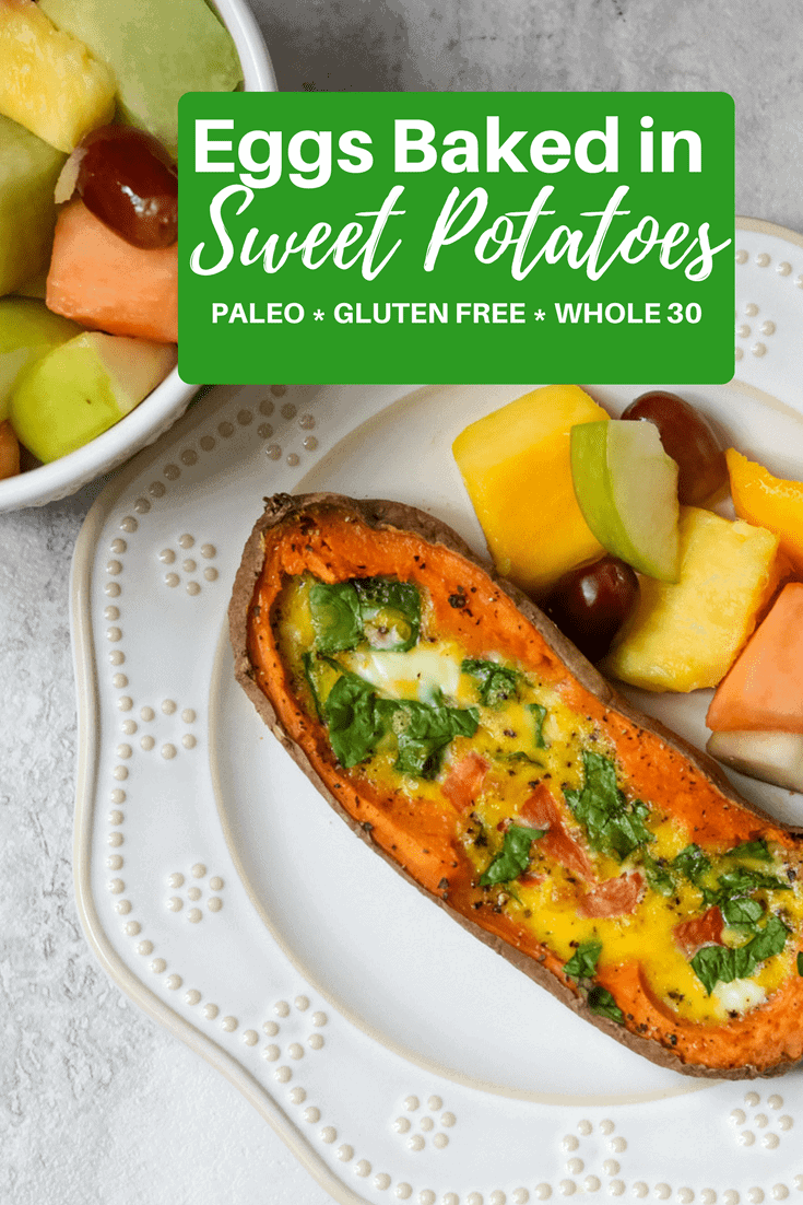 A healthy recipe for sweet potato and eggs! A baked sweet potato is hollowed out and becomes the perfect cavity to bake eggs in! This simple, healthy, sweet potato recipe is paleo, gluten free and easily can be served for dinner or breakfast.