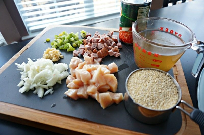 Ingredients for Quinoa Jambalaya on cutting board
