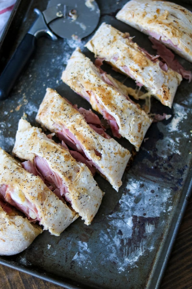 Ham Roll Up sliced on large baking sheet