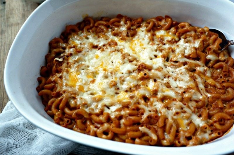 Baked Taco Pasta in white casserole dish