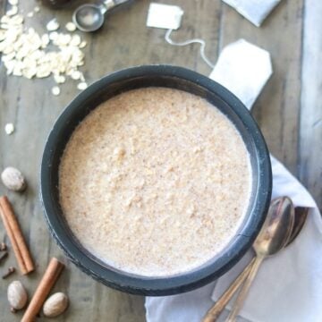 Chai oatmeal in rustic bowl