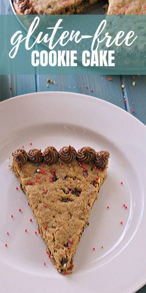 If you are looking for a delicious gluten-free dessert recipe, this Cookie Cake is for you! Made with pantry staples, this gluten-free cookie cake is simple to make and absolutely delicious! No one will know this cookie cake is gluten-free! There are no fancy gluten-free flour blends or stabilizers needed in this recipe for a cookie cake. Oats and peanut butter form the base of this giant chocolate chip cookie. It is super easy to make and downright delicious! Perfect for any celebration!