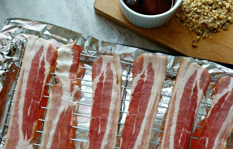 Raw Bacon on cooking sheet