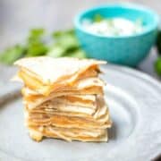 Squash and Cheese Quesadilla cut into wedges on silver plate