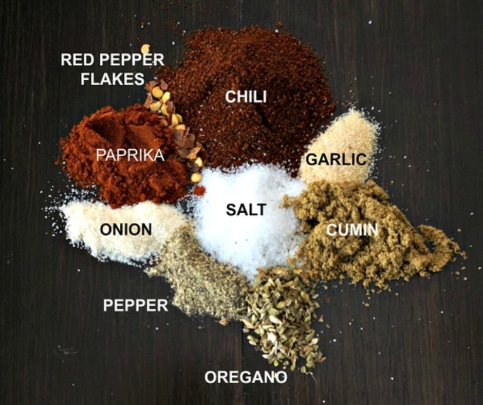 Spices for taco seasoning on wooden board labeled with text overlay.