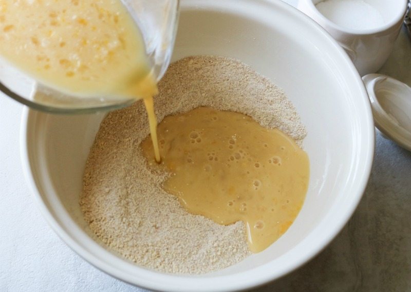 Mixing bowl with corn muffin batter.