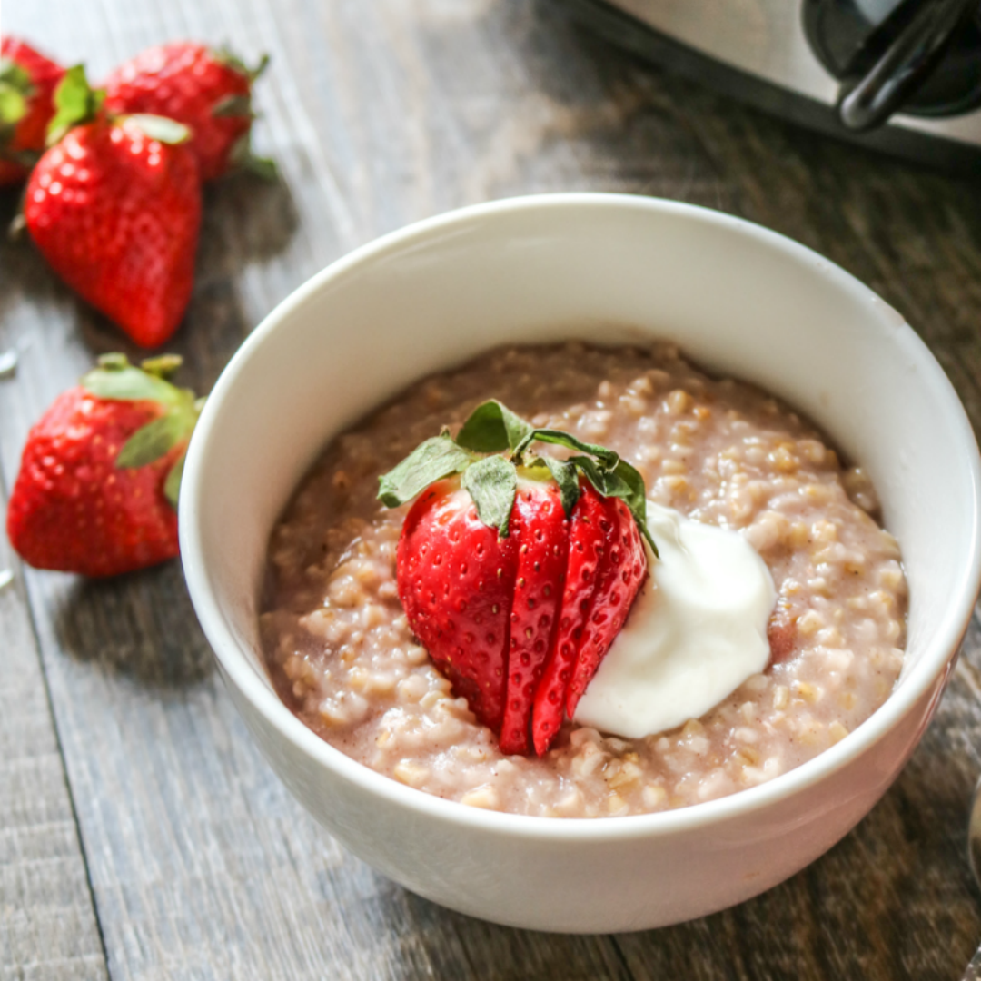 Overnight Strawberries and Cream Steel Cut Oatmeal: Mix all the ingredients together in a slow cooker and set it before bed and wake up to a hearty, gluten-free breakfast! This strawberry and cream oatmeal is a creamy delicious way to start any day!