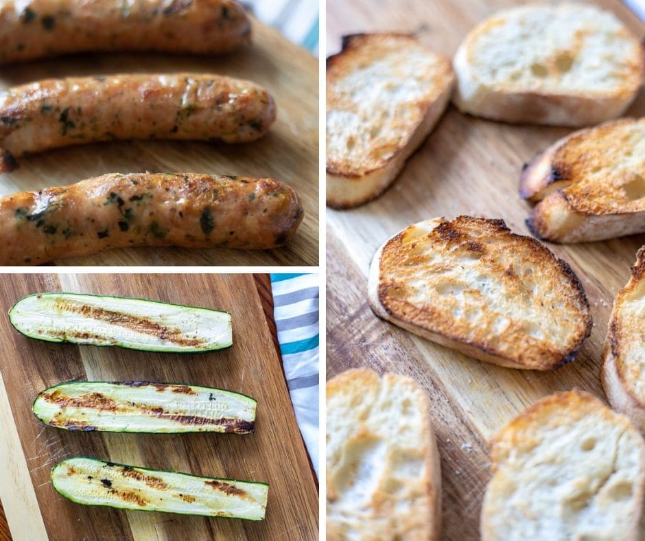 Collage of Grilled sausage, zucchini, and bread