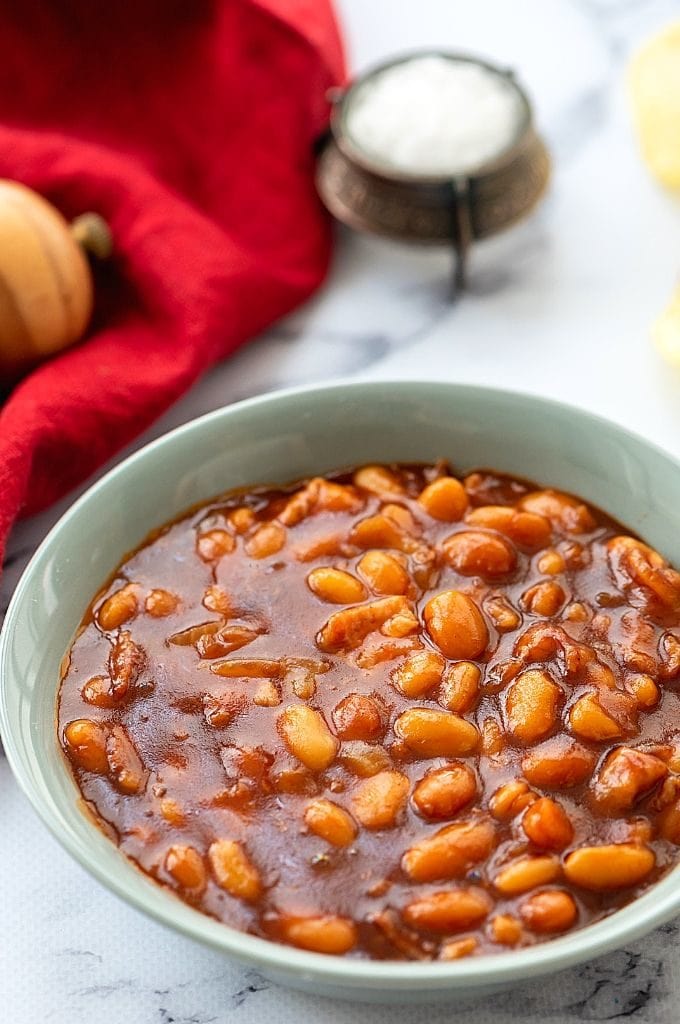 Bowl of Homemade Baked Beans in gray dish