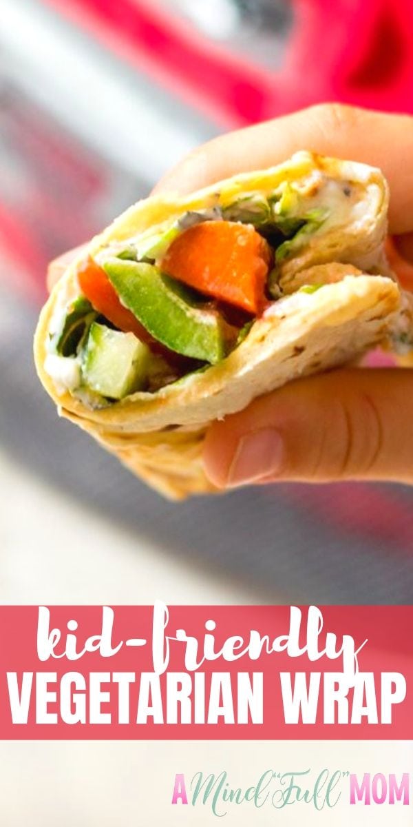 This easy, kid-friendly Vegetarian wrap is a simple recipe for a healthy lunch option. Made with a creamy, thick, ranch spread, fresh crisp vegetables, and shredded cheese, this Veggie wrap is reminiscent of a Cold Vegetable Pizza in roll-up form!