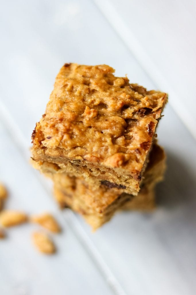 A top view of Healthier Peanut Butter Banana Blondies with chocolate chips.