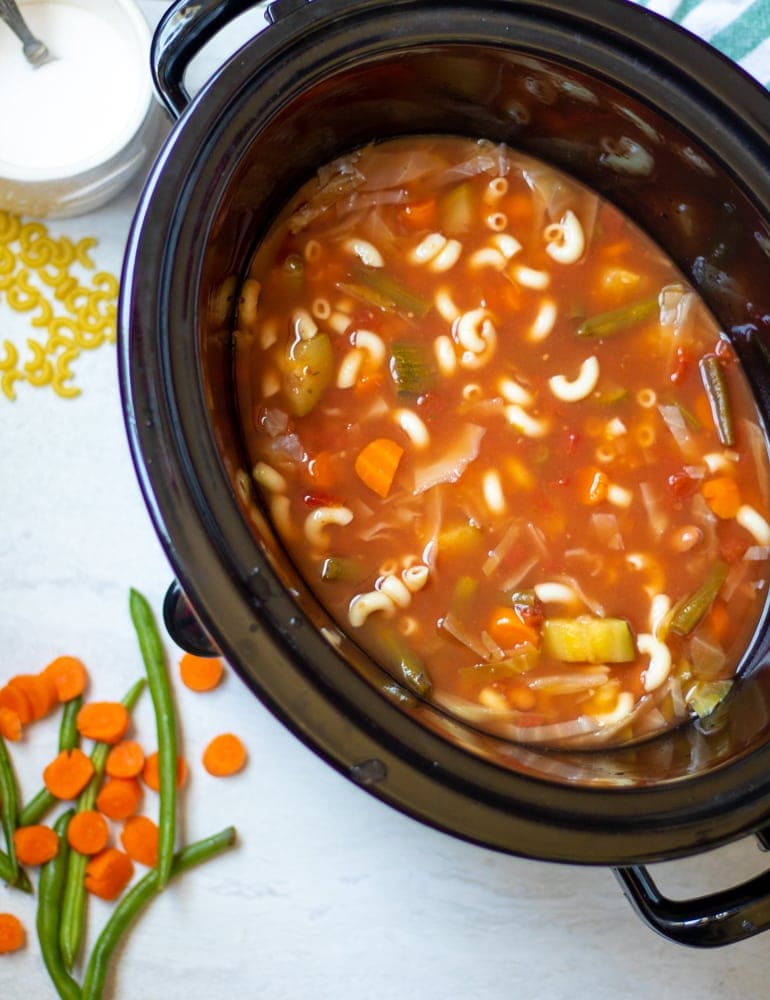 Slow Cooker filled with homemade minestrone.