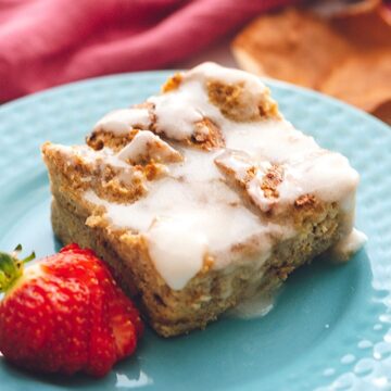 Overnight French Toast Casserole on blue plate