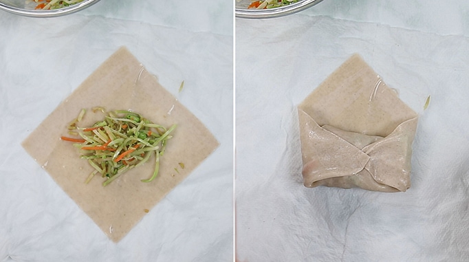 Photo showing egg roll wrapper with filling and folded