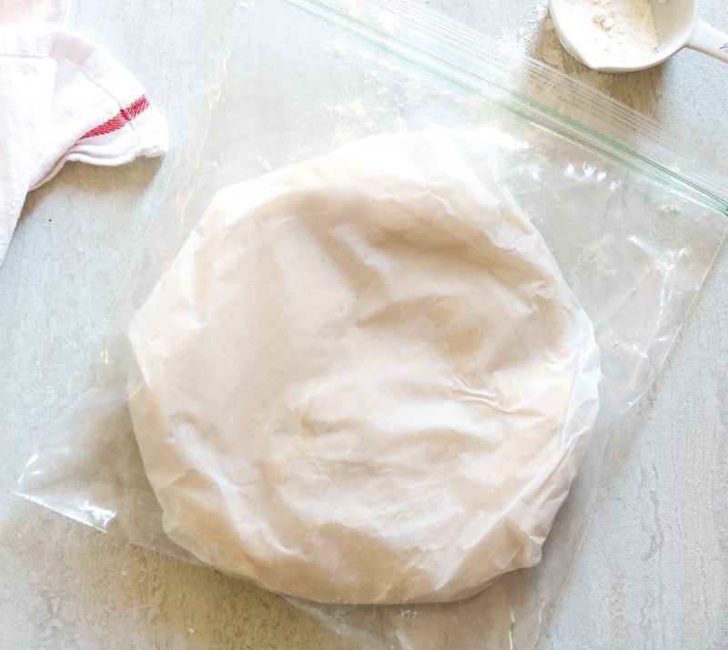 Sugar Cookie Dough wrapped in parchment in freezer bag. 