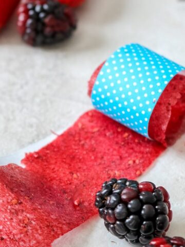 Blackberry Strawberry Fruit Roll Up, half-way rolled up in blue craft paper