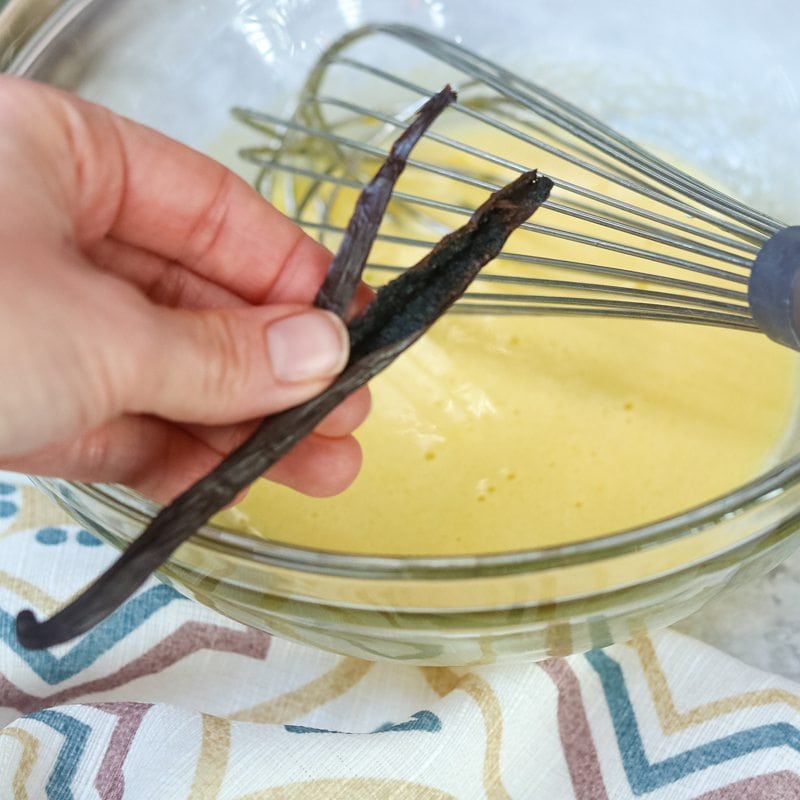 Vanilla bean pod split open open mixing bowl of custard