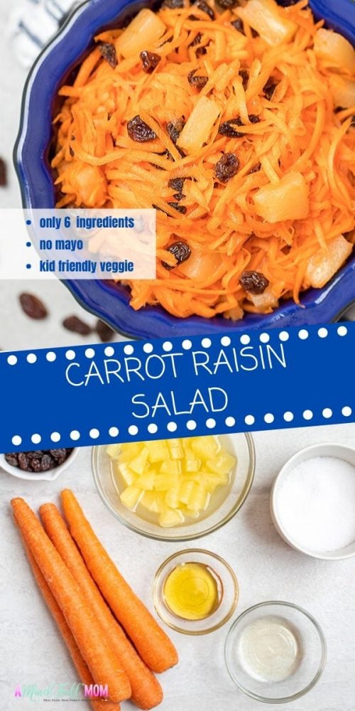 Shredded carrots, raisins and pineapple are tossed together with a sweet and tangy dressing to make an easy carrot salad. This classic southern recipe has been given a healthy make-over and has no added mayo or refined sugars. It is potluck friendly, gluten free, has a vegan option and is LOVED by kids! This simple salad is a perfect way to entice picky eaters to eat their vegetables.