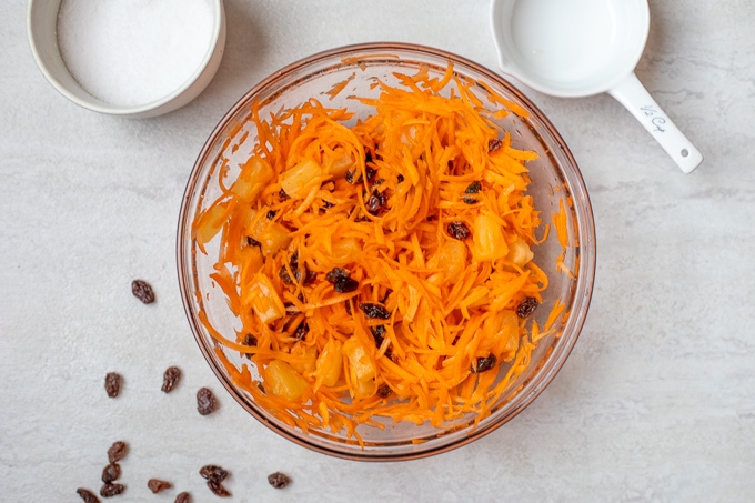 Mixing Bowl with Carrot Raisin Salad Tossed Together