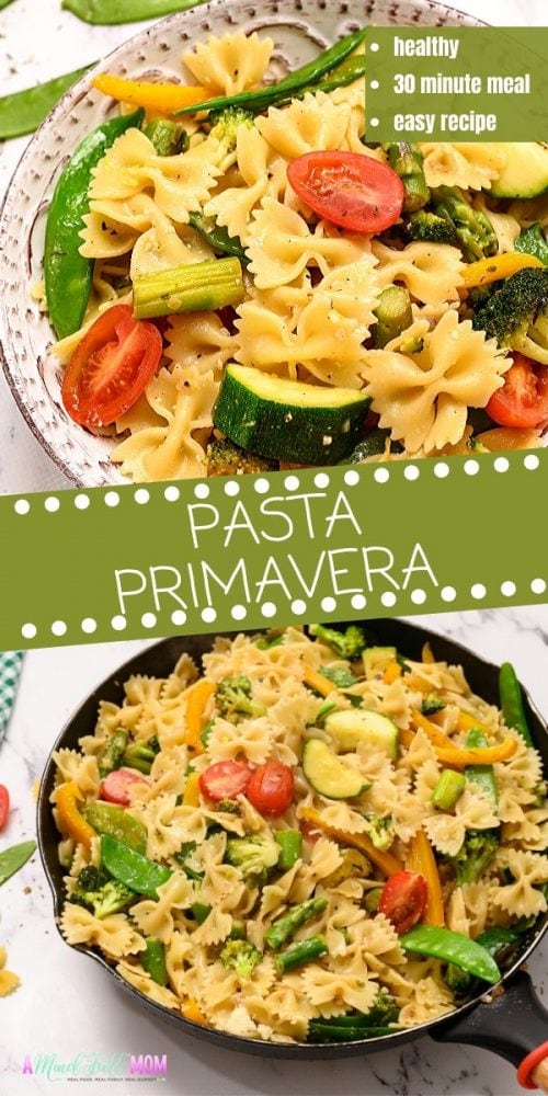 Bursting with fresh vegetables and Parmesan cheese, this simple recipe for Pasta Primavera can be on the table in less than 30 minutes. Packed with veggies, a light lemon sauce, and lots of sharp cheese, this pasta dish is full of flavor. It is a simple, versatile recipe that can be made using any vegetables you have on hand and is a perfect healthy family meal. 