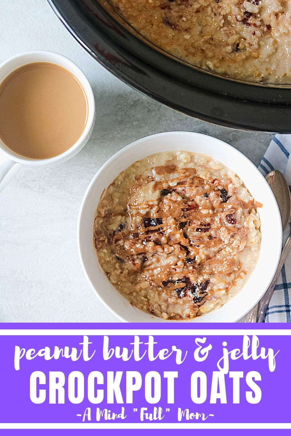 With only 5 minutes of prep, you can prepare peanut butter and jelly steel cut oatmeal that will cook overnight for an easy, healthy breakfast that is ready when you wake up.  #oatmeal #glutenfree #crockpot #overnightoatmeal #steelcutoats #slowcooker #breakfastrecipe