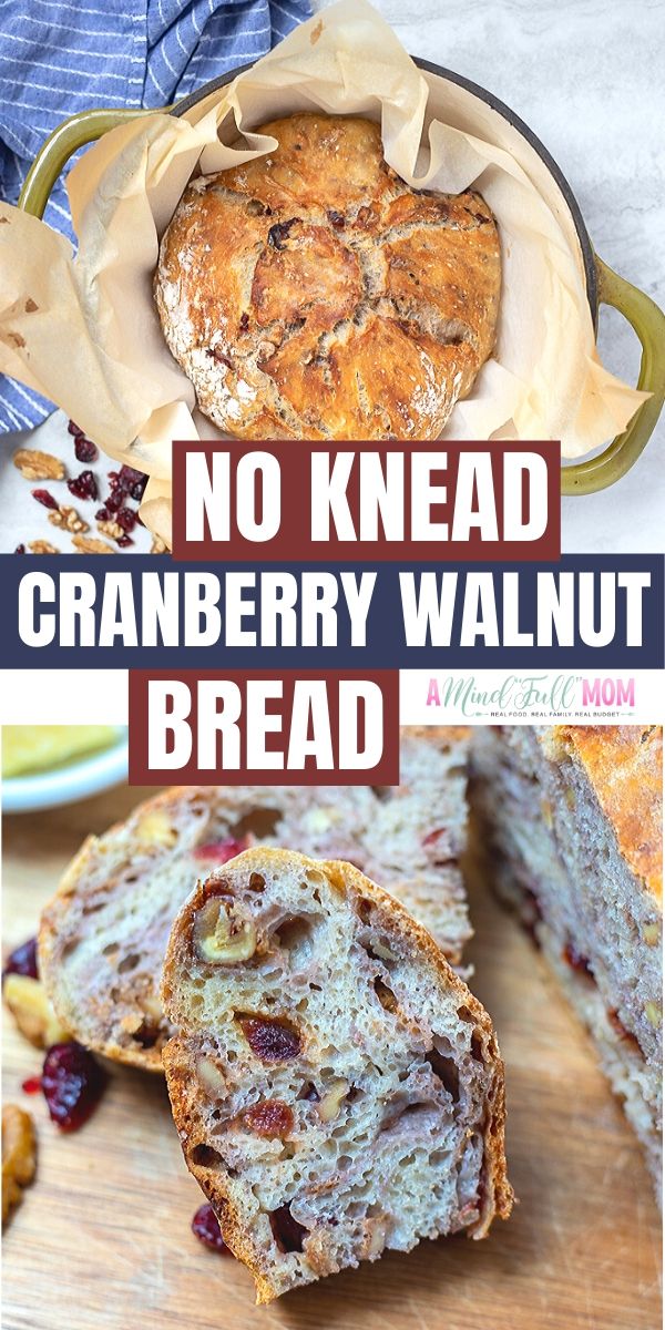 There is nothing better than a slice of this Cranberry Walnut Bread when it is warm from the oven! Sweet and chewy, studded with dried cranberries and walnuts, this bread is the perfect base for sandwiches, breakfast casseroles, or just to eat toasted. This no knead dutch oven bread may take a bit of time to make, but it is almost completely hands off. This No Knead Cranberry Walnut Bread is a copycat version of Panera and so easy to make a home! Not to mention cheaper!