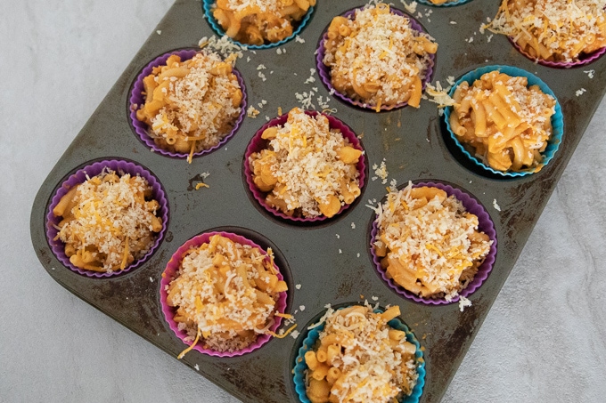 Tray of Mac and Cheese Muffins with bread crumb topping
