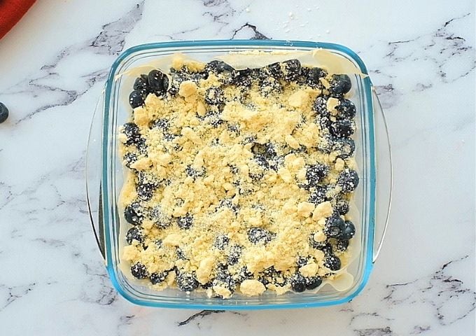 Assembled Blueberry Pie Bars in Baking Dish.