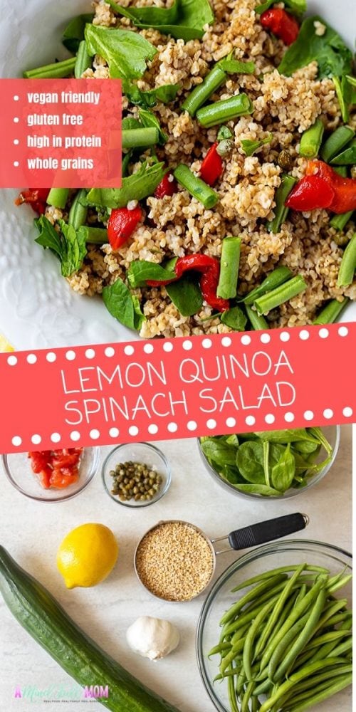 Quinoa Spinach Salad is a simple, protein-packed, refreshing salad. Made with quinoa, spinach, tender green beans, and a fresh lemon dressing, this simple vegan salad is light, healthy, and easy to prepare. Quinoa salad comes together in less about 30 minutes and is packed full of nutrients, making this a meatless, yet high-protein option, perfect for a quick lunch or a light dinner. This is the kind of meal that won't weigh you down, but packs in a ton of flavor!