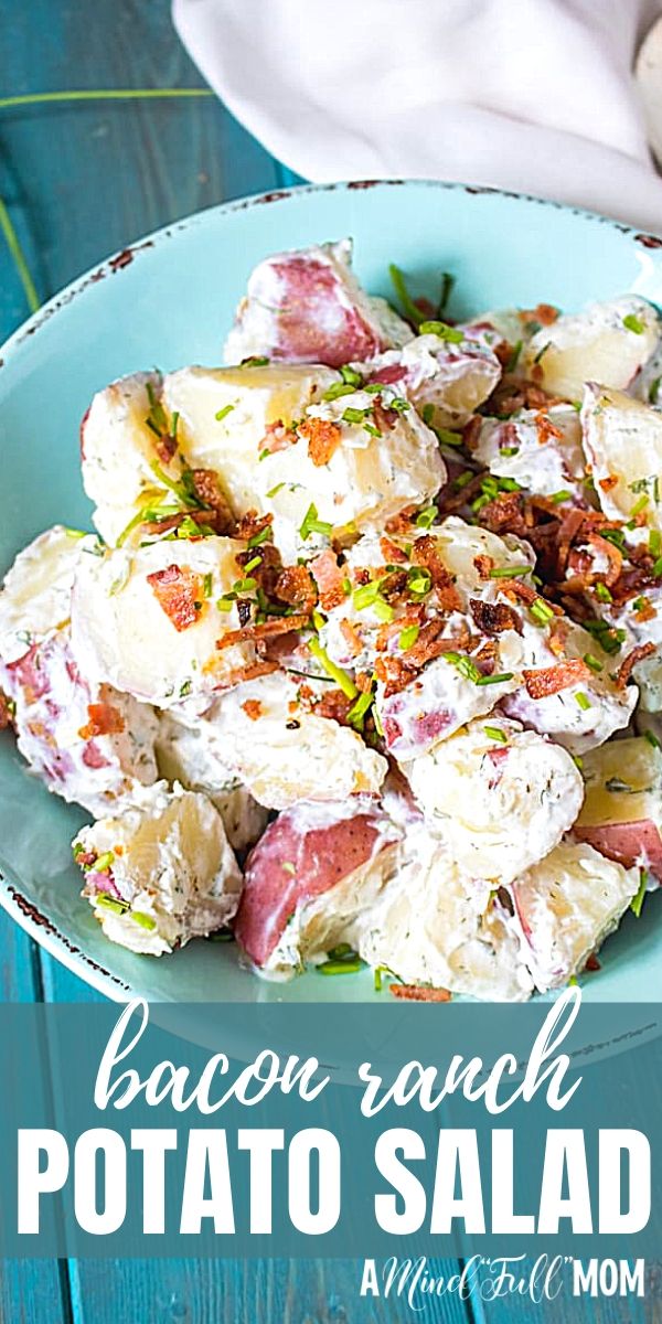 Bacon Ranch Potato Salad is a flavor-packed spin on classic potato salad. Filled with red potatoes, crispy bacon, sharp scallions, and a homemade Ranch dressing, this version of potato salad is sure to become your new favorite pot-luck go-to!  