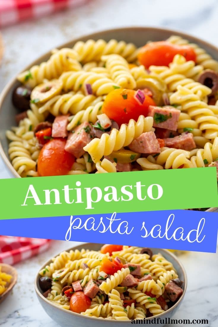 This is the BEST Italian Pasta Salad. Made with a tangy red wine vinaigrette, olives, tomatoes, salami, and peppers--this Antipasto Pasta Salad is perfect for entertaining! #pastasalad #antipasto #Italian 