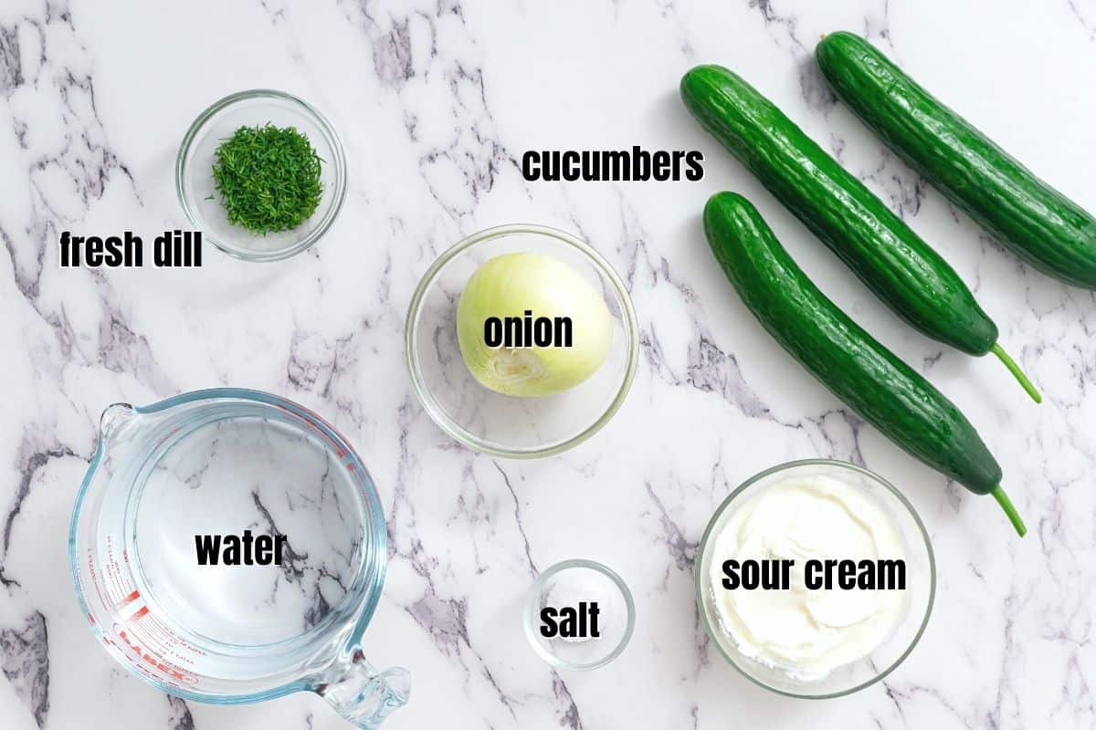 Ingredients for cucumber salad labeled on counter. 