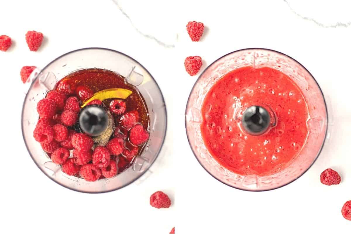 Side by side photo of food processor before and after blending raspberry vinaigrette.