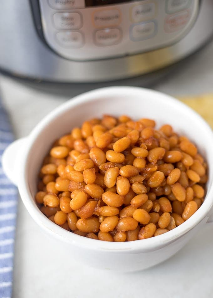 Baked Beans in White Dish next to Instant Pot.