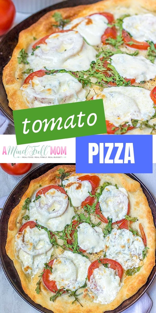 The most delicious way to enjoy pizza in the summer is with this Tomato Pizza. Made with fresh tomatoes, fresh mozzarella and arugula, this pizza is irresistible and easy to make!