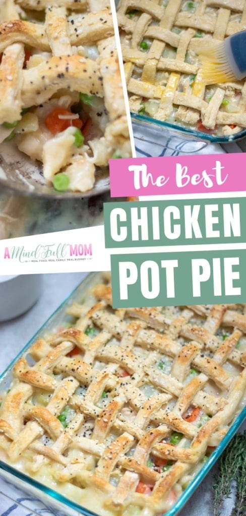 A homemade classic chicken pot pie with biscuits as crust! The chicken pot pie filling is made with tender chicken, carrots and potatoes in a creamy sauce. This from-scratch chicken pot pie is an old fashioned recipe that comes together quickly!