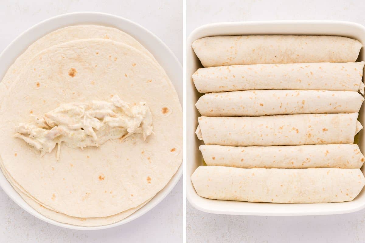 Side by side photo showing chicken mixture placed on flour tortilla next to photo showing tortillas rolled up in baking dish. 