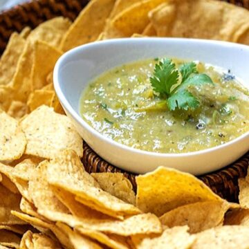 Homemade Salsa Verde in White Bowl with Chips