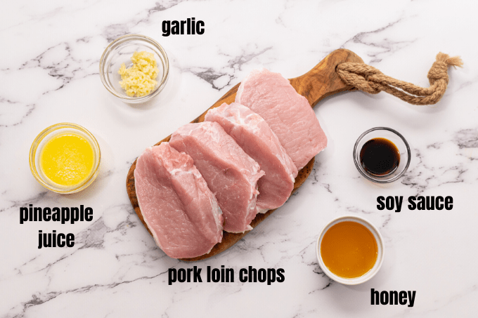 Ingredients for Honey Garlic Pork Chops labeled.