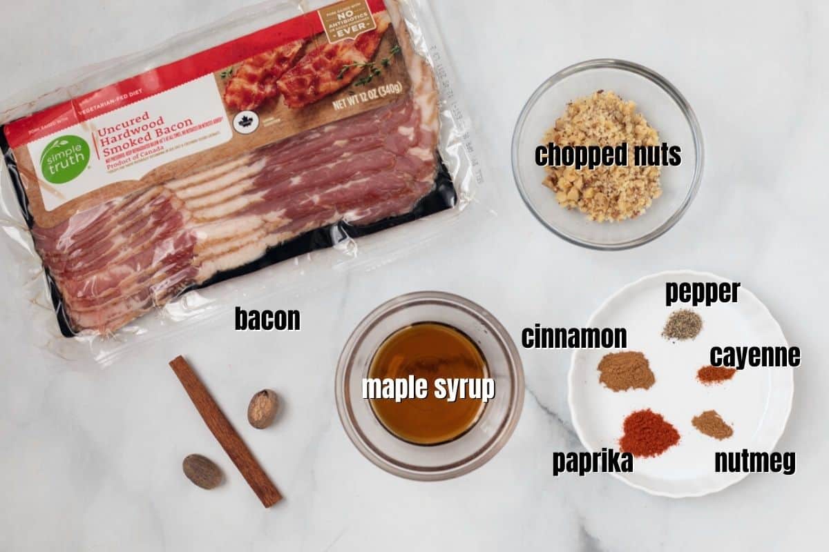 Ingredients for Candied Bacon on counter with text overlay.