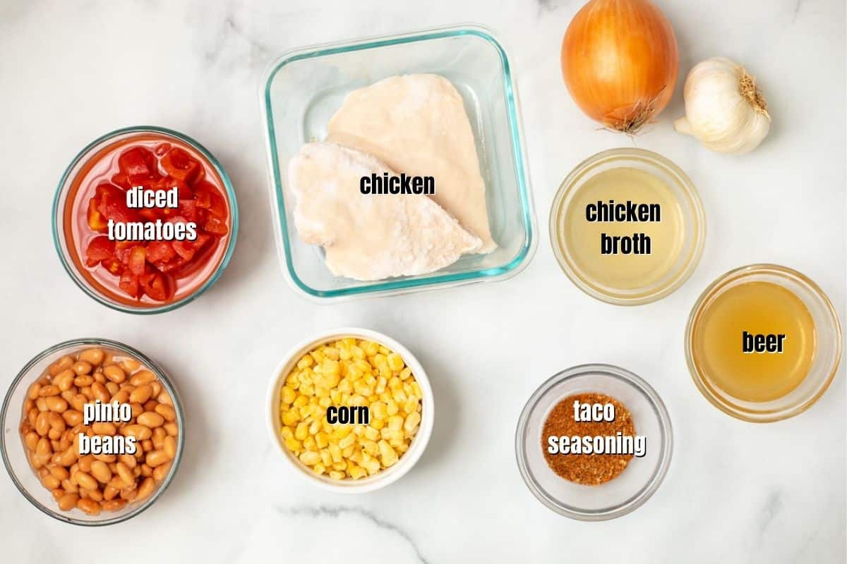 Ingredients for instant pot chicken chili on counter labeled. 