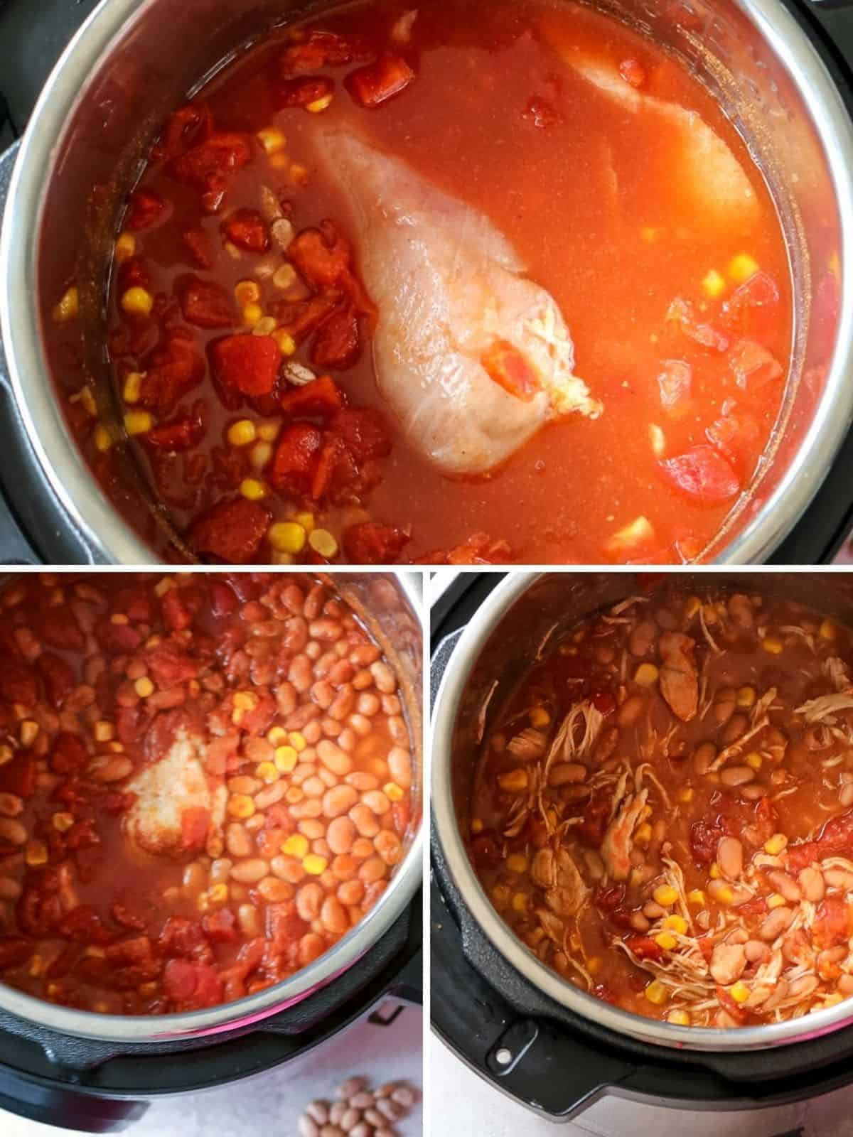 Collage of three pictures with chicken chili in inner pot through steps of prep.
