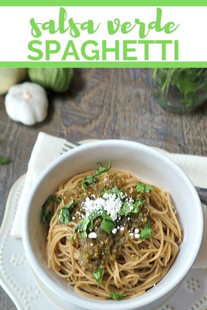 Change up traditional Italian Spaghetti Dinner for a Mexican spin! Pasta pairs perfectly with fresh Salsa Verde for a simple, easy, unexpected pasta dinner. 