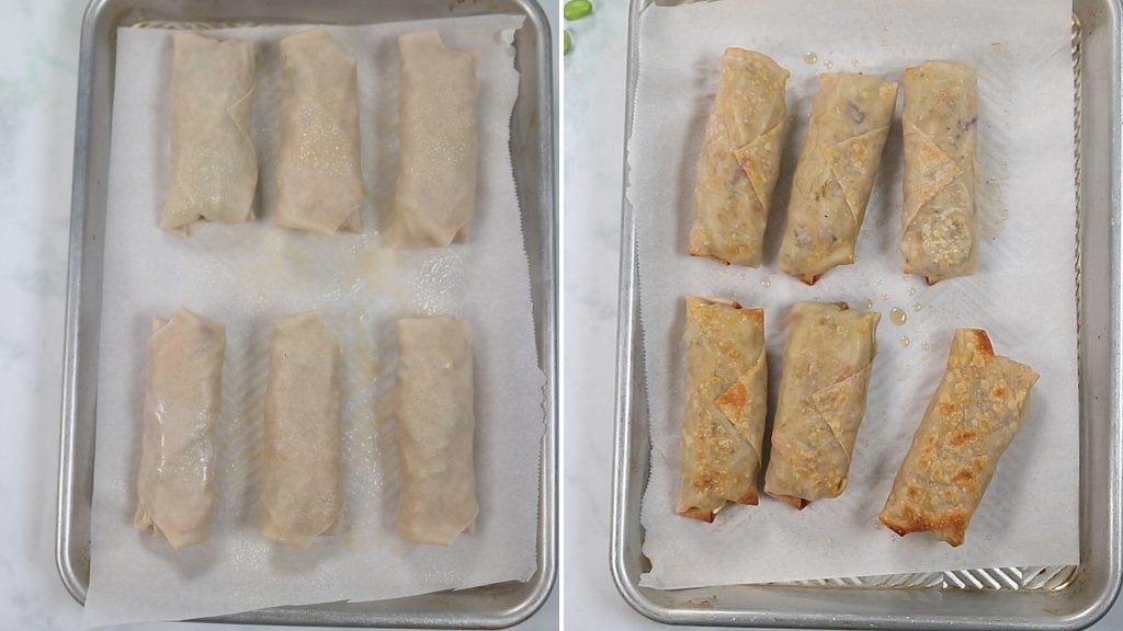 Side by side picture of unbaked and baked egg rolls