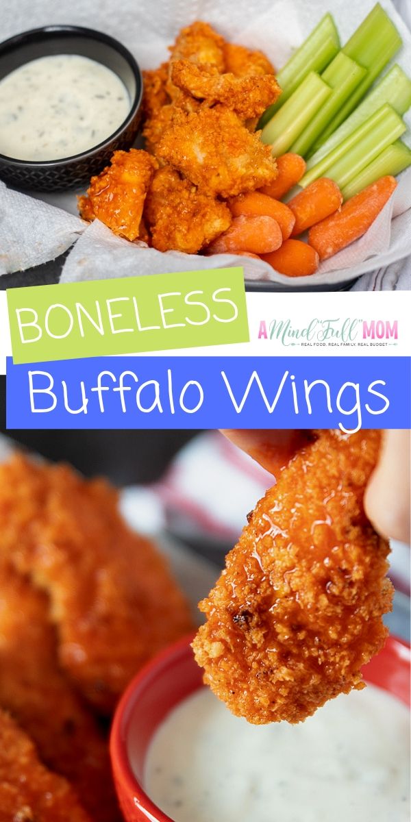 Grab the napkins and some friends! These Buffalo Boneless Wings are the BEST appetizer for parties and watching football! While buffalo is classic for boneless chicken wings, try out other flavors for more delicious varieties. 