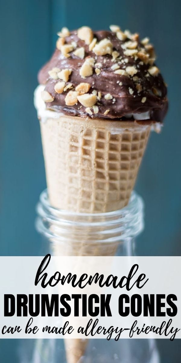 Homemade Drumstick Ice Cream Cones are a delicious DIY version of a classic frozen treat! Made with sugar cones, vanilla ice cream, and thick chocolate coating and a sprinkle of nuts, these Chocolate Covered Ice Cream Cones are the perfect treat to cool down with on a hot day! And you can make them suitable for your needs--meaning you can enjoy a classic summertime treat even if you need to be Gluten-Free, Dairy-Free, Nut-Free, or Vegan-Friendly. 