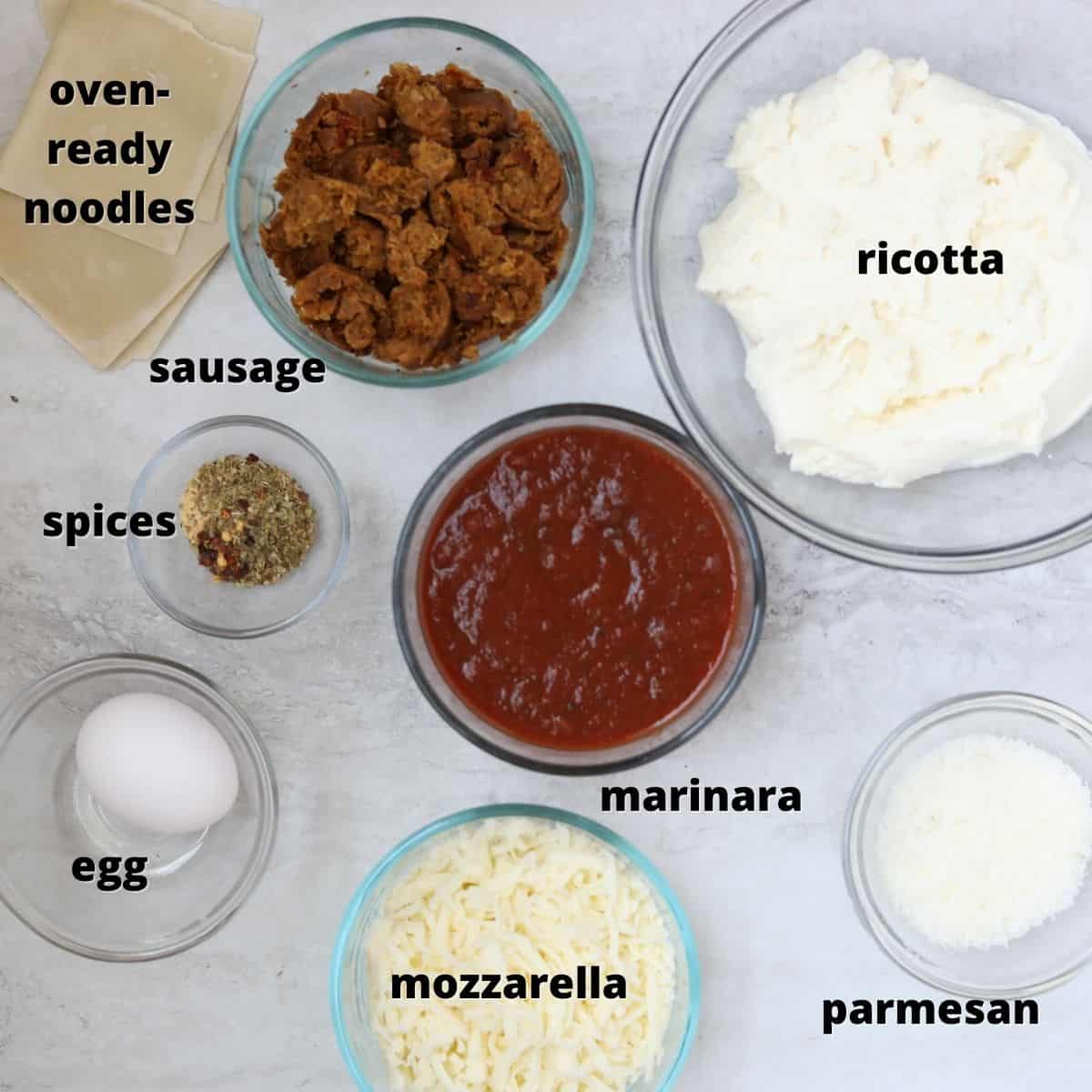 Ingredients for Instant Pot Lasagna Labeled on counter. 