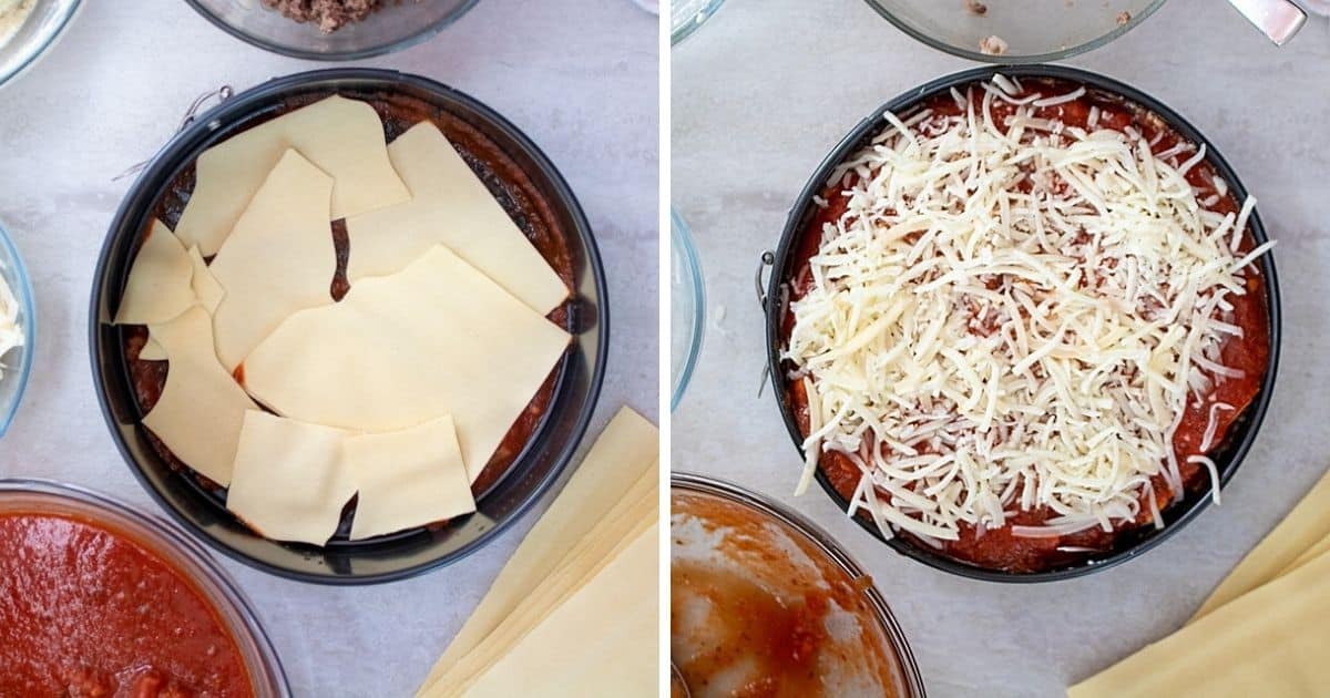 Side by side picture of assembling lasagna in springfrom pan.